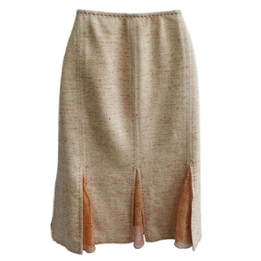 Designer Elie Tahari Tweed Skirt Orange Pigalle Viscose Silk Cotton Panel Godets - Picture 3 of 8